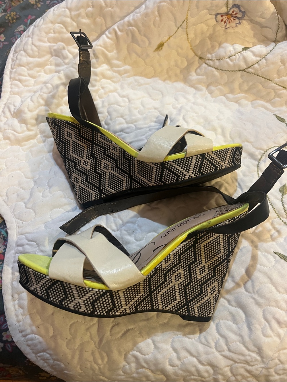 Sam & Libby Black & Cream Wedge Sandals with Neon Yellow Insole
